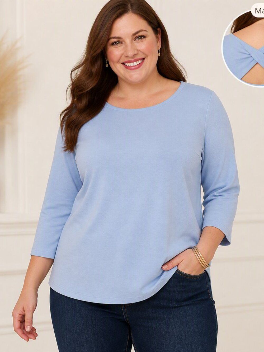 NWT Talbots Plus Size 1X Twist-Back Knit Top Light Blue 3/4 Sleeve